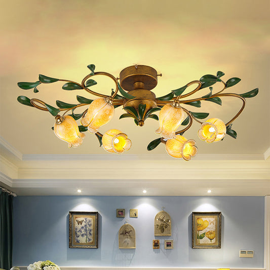 Tulip White/Yellow Glass Semi Flush Light Fixture Traditional 6 Lights Dining Room Ceiling Mount Chandelier in Brass Yellow Clearhalo 'Ceiling Lights' 'Close To Ceiling Lights' 'Close to ceiling' 'Glass shade' 'Glass' 'Semi-flushmount' Lighting' 337807