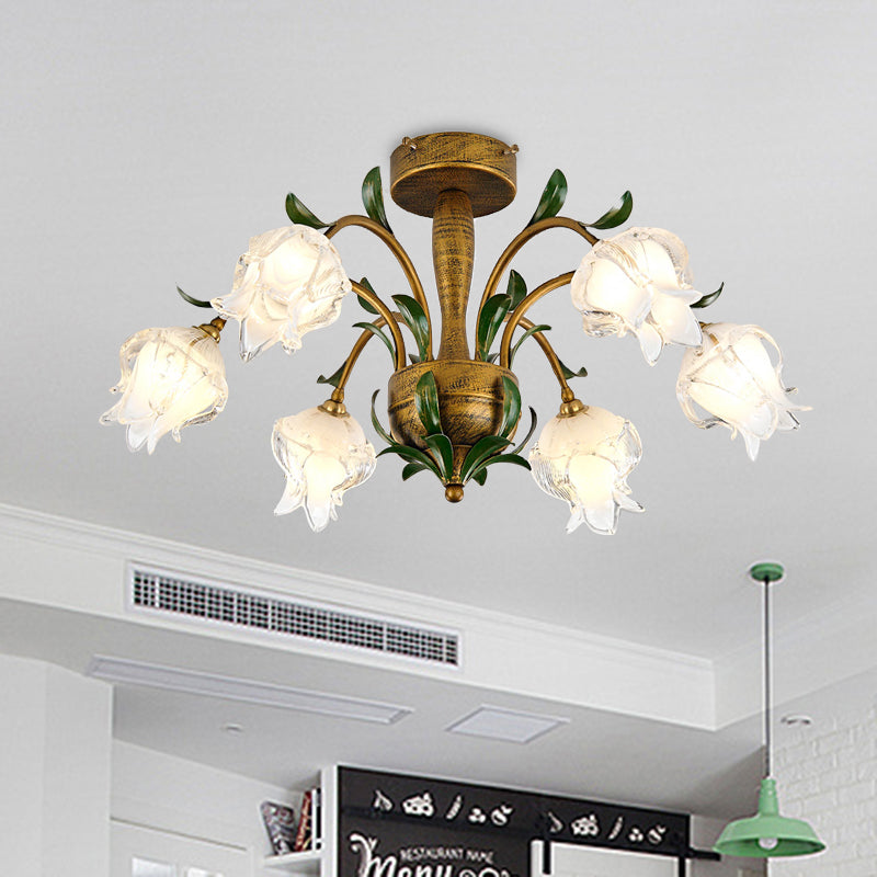 Blossom Bedroom Semi Flush Light Countryside White/Yellow Glass 6 Lights Brass Ceiling Lighting White Clearhalo 'Ceiling Lights' 'Chandeliers' 'Close To Ceiling Lights' 'Close to ceiling' 'Glass shade' 'Glass' 'Semi-flushmount' Lighting' 337809