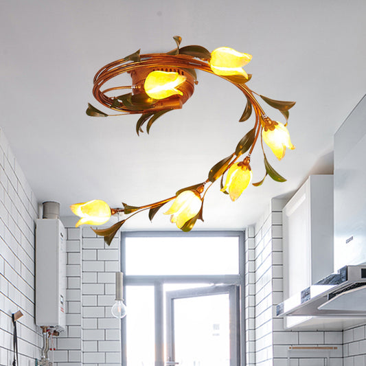 Brass 6 Lights Semi-Flush Mount Rustic Yellow Glass Twist Ceiling Light Fixture for Bedroom Clearhalo 'Ceiling Lights' 'Chandeliers' 'Close To Ceiling Lights' 'Close to ceiling' 'Glass shade' 'Glass' 'Semi-flushmount' Lighting' 337816