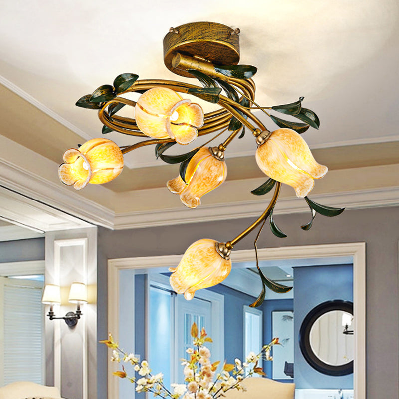 Brass Petal Semi Flush Mount Light Rural Beige Glass 5 Lights Dining Room Ceiling Lamp Clearhalo 'Ceiling Lights' 'Close To Ceiling Lights' 'Close to ceiling' 'Glass shade' 'Glass' 'Semi-flushmount' Lighting' 337821