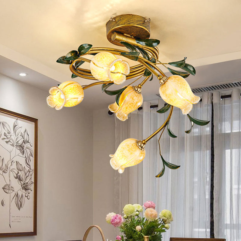 Brass Petal Semi Flush Mount Light Rural Beige Glass 5 Lights Dining Room Ceiling Lamp Clearhalo 'Ceiling Lights' 'Close To Ceiling Lights' 'Close to ceiling' 'Glass shade' 'Glass' 'Semi-flushmount' Lighting' 337822