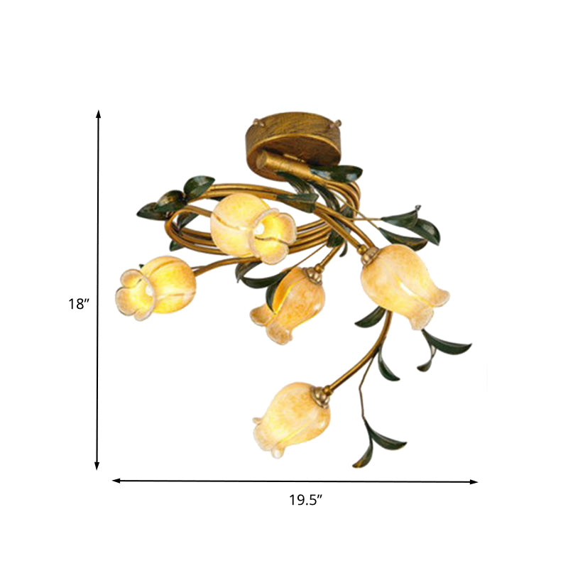 Brass Petal Semi Flush Mount Light Rural Beige Glass 5 Lights Dining Room Ceiling Lamp Clearhalo 'Ceiling Lights' 'Close To Ceiling Lights' 'Close to ceiling' 'Glass shade' 'Glass' 'Semi-flushmount' Lighting' 337824