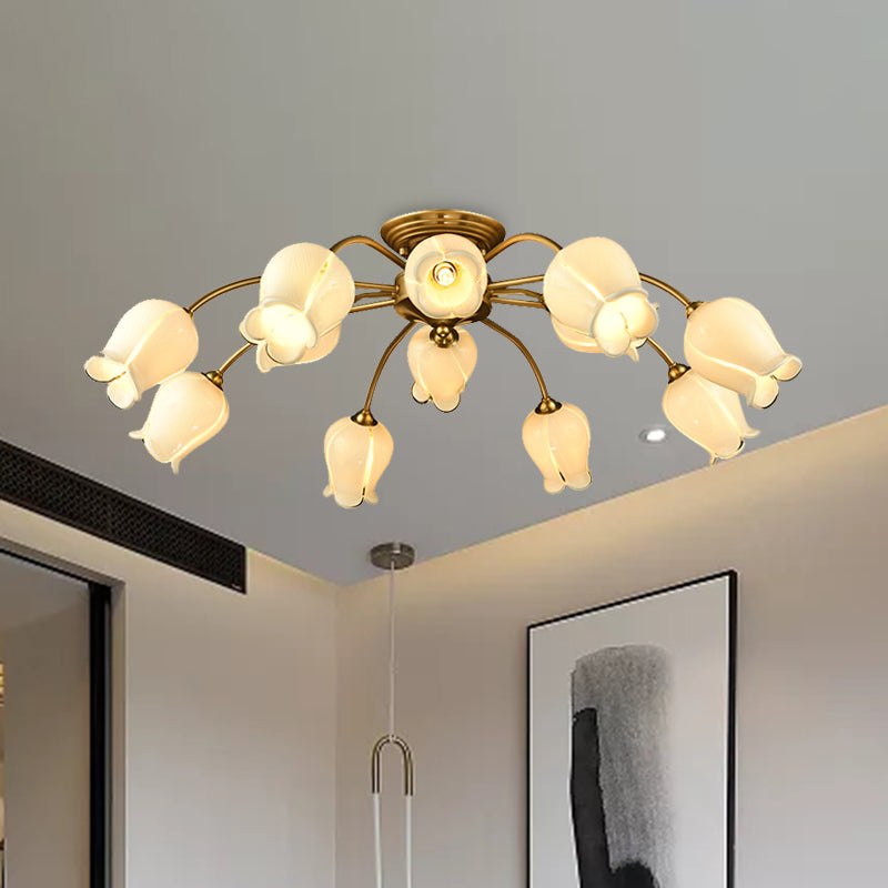 12 Lights Petal Semi Flush Ceiling Light Traditional White Glass Semi Mount Lighting White A Clearhalo 'Ceiling Lights' 'Close To Ceiling Lights' 'Close to ceiling' 'Glass shade' 'Glass' 'Semi-flushmount' Lighting' 337833
