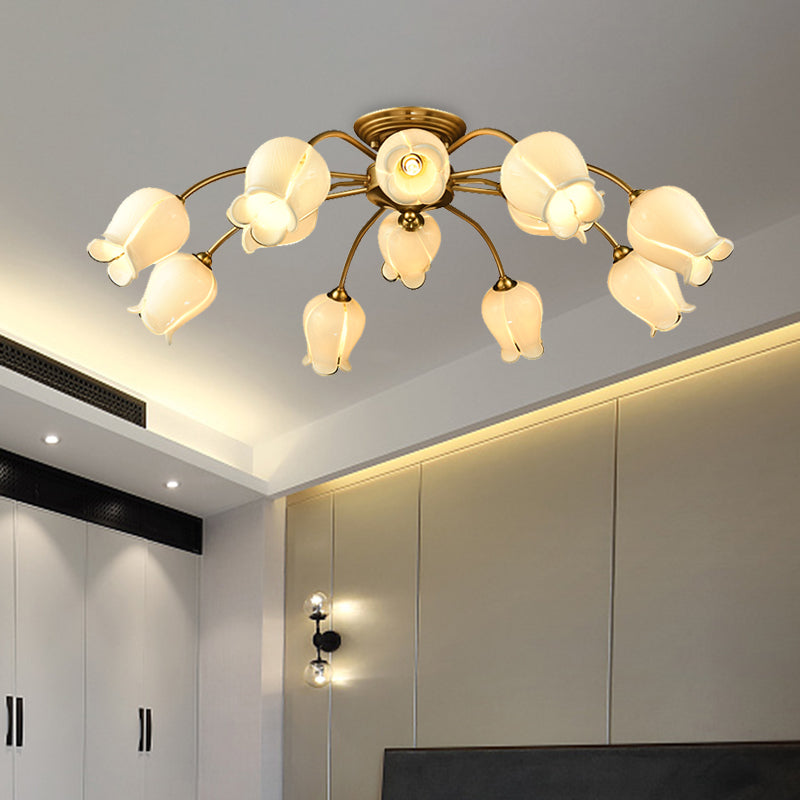 12 Lights Petal Semi Flush Ceiling Light Traditional White Glass Semi Mount Lighting Clearhalo 'Ceiling Lights' 'Close To Ceiling Lights' 'Close to ceiling' 'Glass shade' 'Glass' 'Semi-flushmount' Lighting' 337834