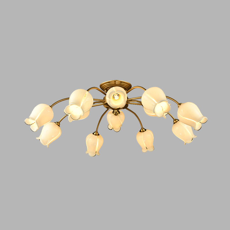 12 Lights Petal Semi Flush Ceiling Light Traditional White Glass Semi Mount Lighting Clearhalo 'Ceiling Lights' 'Close To Ceiling Lights' 'Close to ceiling' 'Glass shade' 'Glass' 'Semi-flushmount' Lighting' 337836