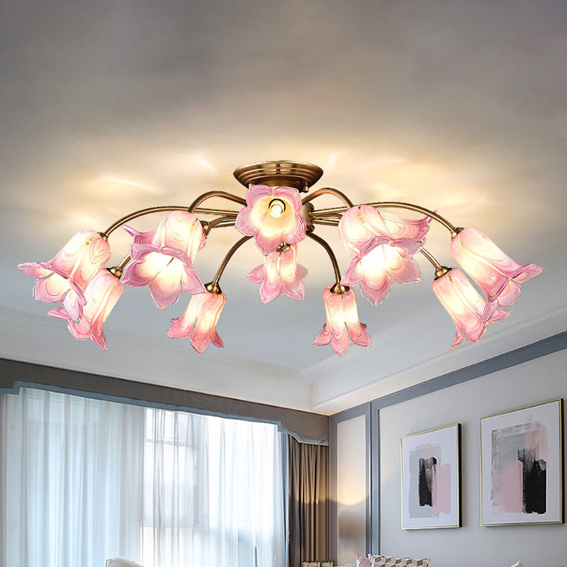12 Lights Semi Flush Mount Minimalism Blossom White/Purple Glass Close to Ceiling Lamp for Bedroom Clearhalo 'Ceiling Lights' 'Close To Ceiling Lights' 'Close to ceiling' 'Glass shade' 'Glass' 'Semi-flushmount' Lighting' 337844