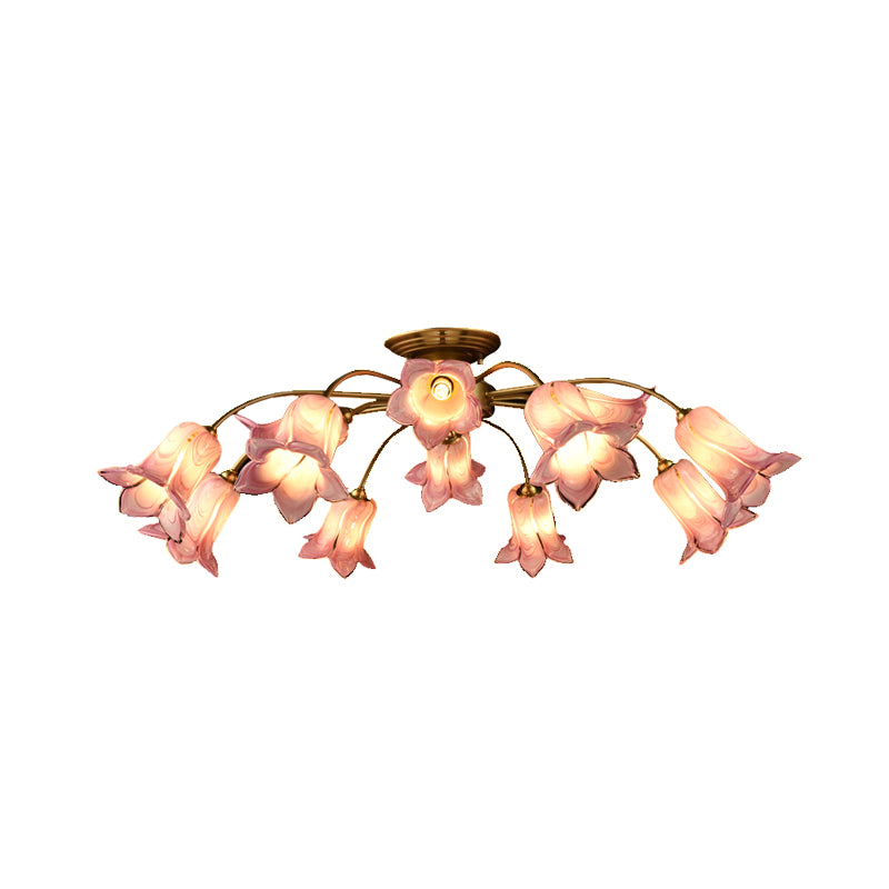 12 Lights Semi Flush Mount Minimalism Blossom White/Purple Glass Close to Ceiling Lamp for Bedroom Clearhalo 'Ceiling Lights' 'Close To Ceiling Lights' 'Close to ceiling' 'Glass shade' 'Glass' 'Semi-flushmount' Lighting' 337845