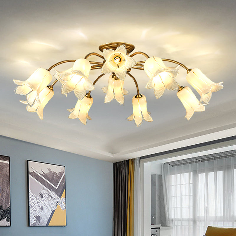 12 Lights Semi Flush Mount Minimalism Blossom White/Purple Glass Close to Ceiling Lamp for Bedroom White Clearhalo 'Ceiling Lights' 'Close To Ceiling Lights' 'Close to ceiling' 'Glass shade' 'Glass' 'Semi-flushmount' Lighting' 337848