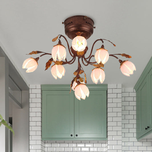 9 Lights Bedroom Semi Flush Countryside Rust Ceiling Light Fixture with Flower Pink Glass Shade Rust Clearhalo 'Ceiling Lights' 'Chandeliers' 'Close To Ceiling Lights' 'Close to ceiling' 'Glass shade' 'Glass' 'Semi-flushmount' Lighting' 337850