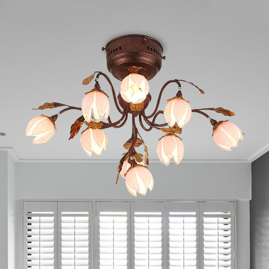 9 Lights Bedroom Semi Flush Countryside Rust Ceiling Light Fixture with Flower Pink Glass Shade Clearhalo 'Ceiling Lights' 'Chandeliers' 'Close To Ceiling Lights' 'Close to ceiling' 'Glass shade' 'Glass' 'Semi-flushmount' Lighting' 337851