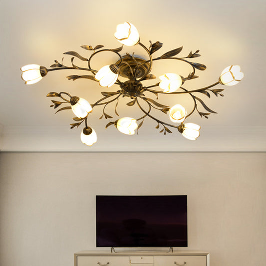10 Lights Opal Glass Semi-Flush Mount Rustic Brass Blossom Dining Room Ceiling Lighting Brass Clearhalo 'Ceiling Lights' 'Chandeliers' 'Close To Ceiling Lights' 'Close to ceiling' 'Glass shade' 'Glass' 'Semi-flushmount' Lighting' 337855