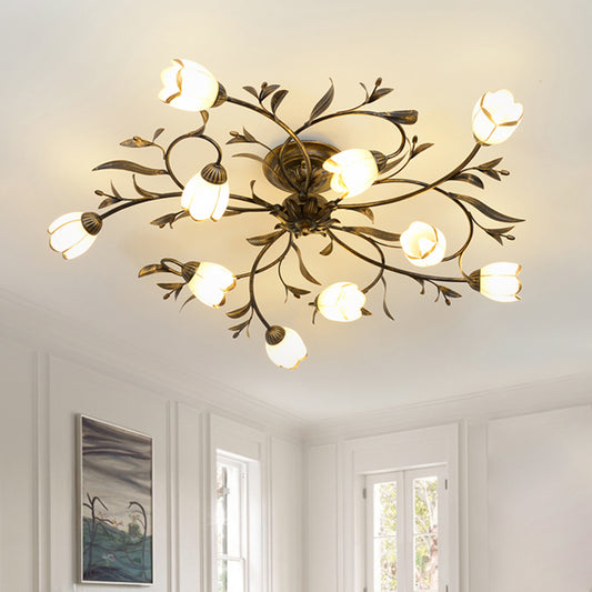 10 Lights Opal Glass Semi-Flush Mount Rustic Brass Blossom Dining Room Ceiling Lighting Clearhalo 'Ceiling Lights' 'Chandeliers' 'Close To Ceiling Lights' 'Close to ceiling' 'Glass shade' 'Glass' 'Semi-flushmount' Lighting' 337856