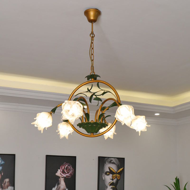 Floral Dining Room Ceiling Chandelier Traditional White/Yellow/Purple Glass 6 Heads Hanging Light Fixture White Clearhalo 'Ceiling Lights' 'Chandeliers' 'Glass shade' 'Glass' 'Island Lights' Lighting' 337865