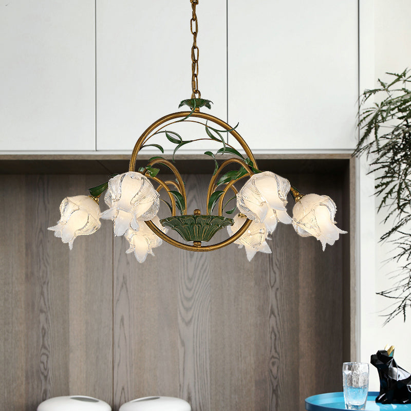 Floral Dining Room Ceiling Chandelier Traditional White/Yellow/Purple Glass 6 Heads Hanging Light Fixture Clearhalo 'Ceiling Lights' 'Chandeliers' 'Glass shade' 'Glass' 'Island Lights' Lighting' 337866