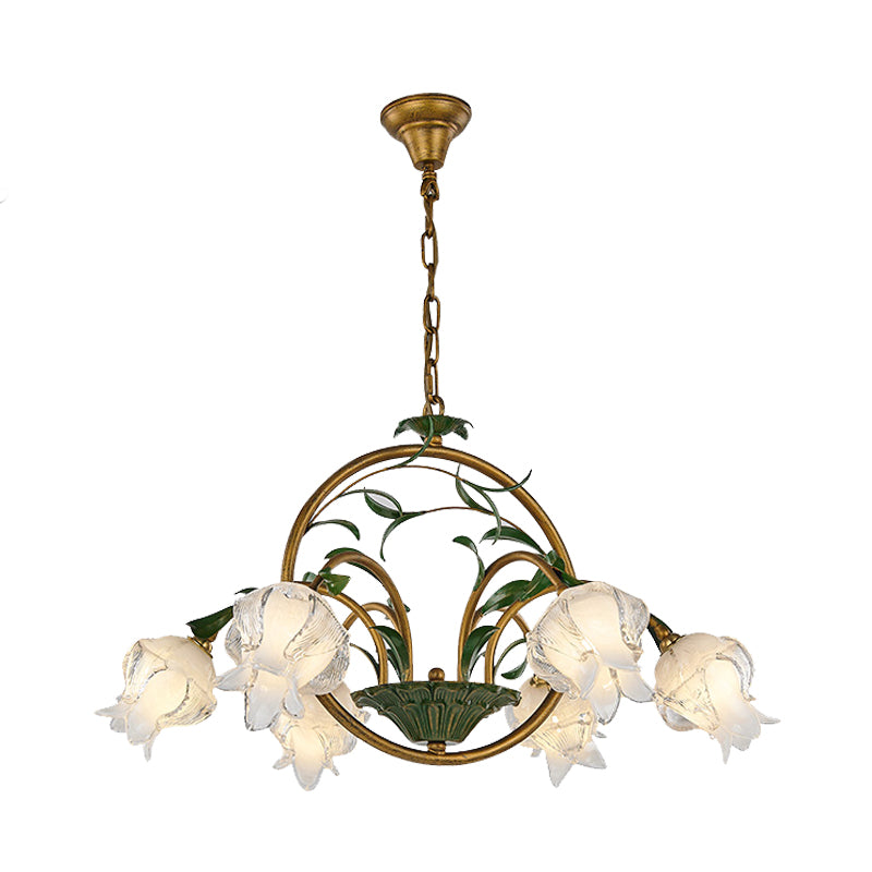 Floral Dining Room Ceiling Chandelier Traditional White/Yellow/Purple Glass 6 Heads Hanging Light Fixture Clearhalo 'Ceiling Lights' 'Chandeliers' 'Glass shade' 'Glass' 'Island Lights' Lighting' 337867