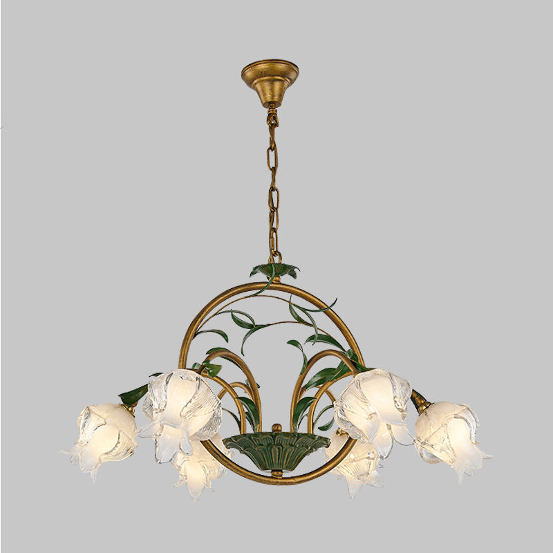 Floral Dining Room Ceiling Chandelier Traditional White/Yellow/Purple Glass 6 Heads Hanging Light Fixture Clearhalo 'Ceiling Lights' 'Chandeliers' 'Glass shade' 'Glass' 'Island Lights' Lighting' 337868
