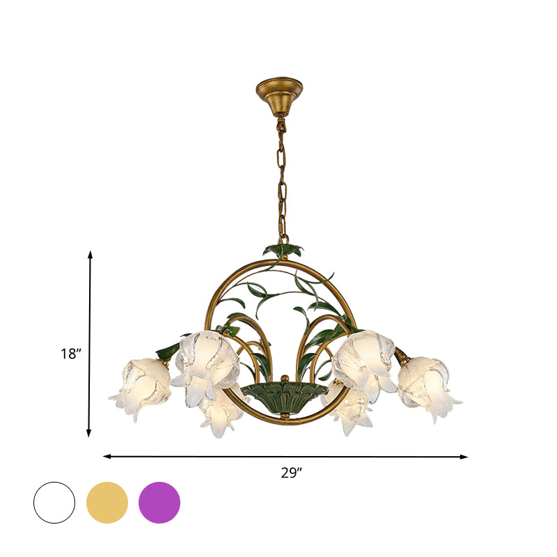 Floral Dining Room Ceiling Chandelier Traditional White/Yellow/Purple Glass 6 Heads Hanging Light Fixture Clearhalo 'Ceiling Lights' 'Chandeliers' 'Glass shade' 'Glass' 'Island Lights' Lighting' 337869