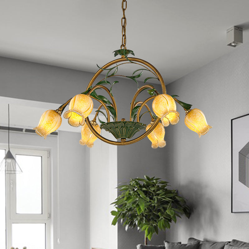 Floral Dining Room Ceiling Chandelier Traditional White/Yellow/Purple Glass 6 Heads Hanging Light Fixture Yellow Clearhalo 'Ceiling Lights' 'Chandeliers' 'Glass shade' 'Glass' 'Island Lights' Lighting' 337870