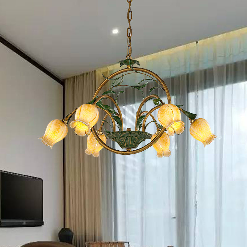 Floral Dining Room Ceiling Chandelier Traditional White/Yellow/Purple Glass 6 Heads Hanging Light Fixture Clearhalo 'Ceiling Lights' 'Chandeliers' 'Glass shade' 'Glass' 'Island Lights' Lighting' 337871