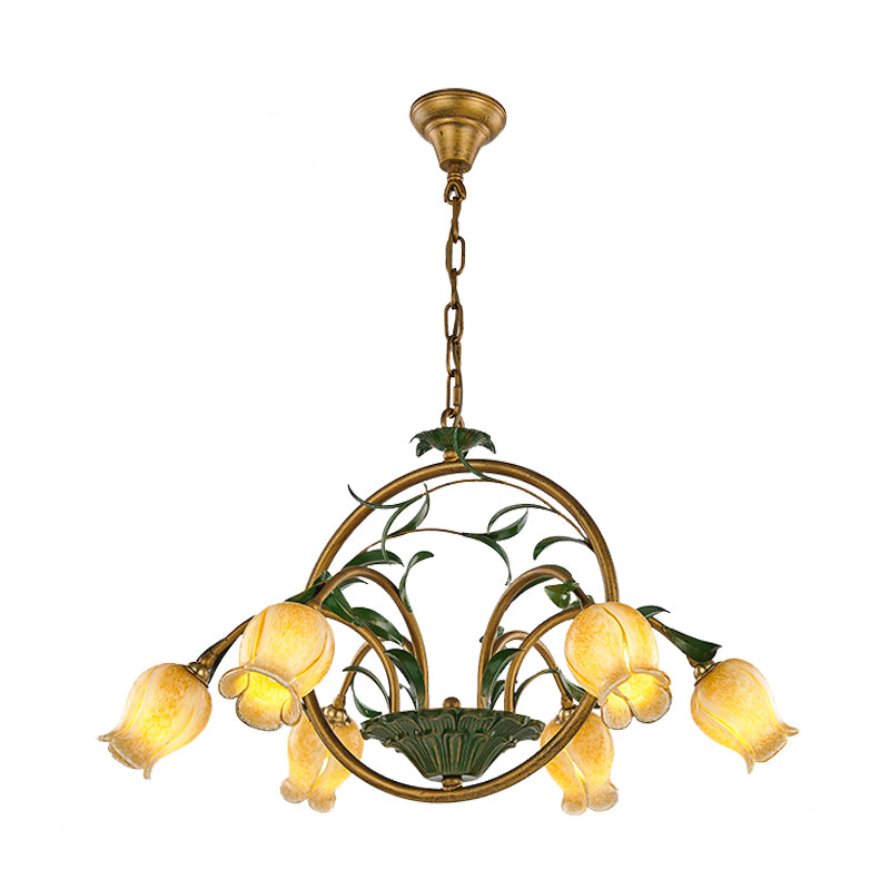 Floral Dining Room Ceiling Chandelier Traditional White/Yellow/Purple Glass 6 Heads Hanging Light Fixture Clearhalo 'Ceiling Lights' 'Chandeliers' 'Glass shade' 'Glass' 'Island Lights' Lighting' 337872