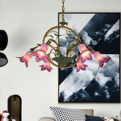 Floral Dining Room Ceiling Chandelier Traditional White/Yellow/Purple Glass 6 Heads Hanging Light Fixture Purple Clearhalo 'Ceiling Lights' 'Chandeliers' 'Glass shade' 'Glass' 'Island Lights' Lighting' 337873