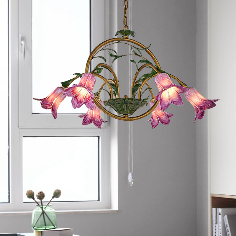 Floral Dining Room Ceiling Chandelier Traditional White/Yellow/Purple Glass 6 Heads Hanging Light Fixture Clearhalo 'Ceiling Lights' 'Chandeliers' 'Glass shade' 'Glass' 'Island Lights' Lighting' 337874