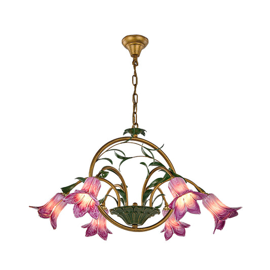 Floral Dining Room Ceiling Chandelier Traditional White/Yellow/Purple Glass 6 Heads Hanging Light Fixture Clearhalo 'Ceiling Lights' 'Chandeliers' 'Glass shade' 'Glass' 'Island Lights' Lighting' 337875