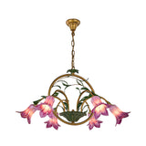 Floral Dining Room Ceiling Chandelier Traditional White/Yellow/Purple Glass 6 Heads Hanging Light Fixture Clearhalo 'Ceiling Lights' 'Chandeliers' 'Glass shade' 'Glass' 'Island Lights' Lighting' 337875