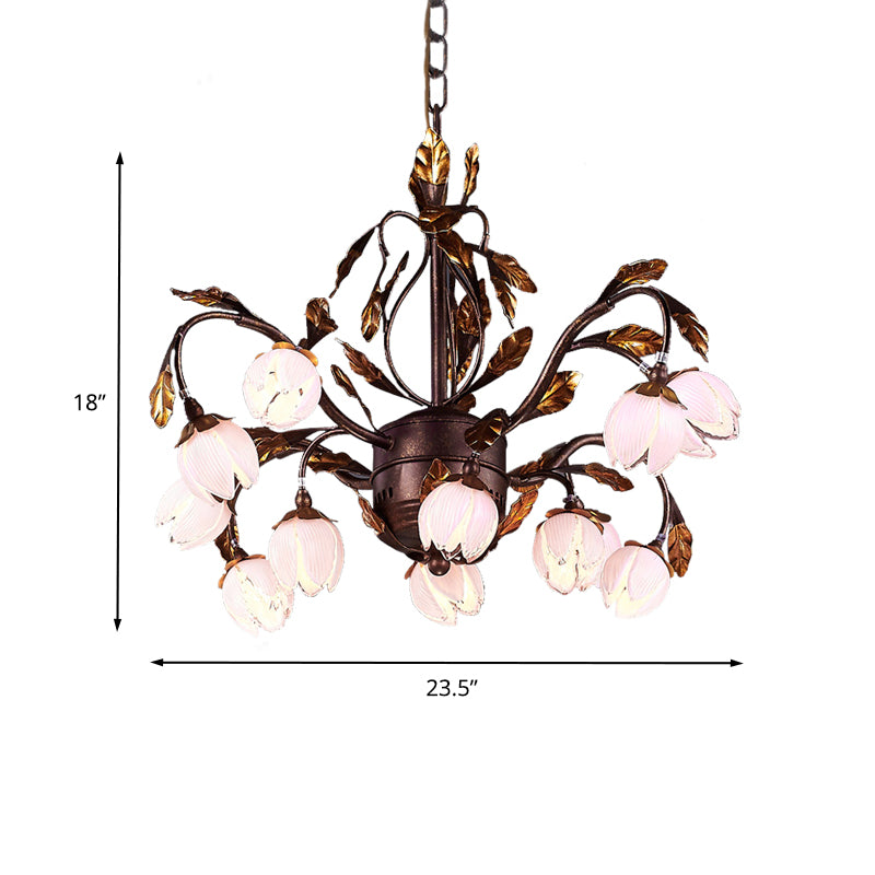 Purple Glass Blossom Chandelier Country Style 12 Heads Dining Room Pendant Light Fixture in Brown Clearhalo 'Ceiling Lights' 'Chandeliers' 'Glass shade' 'Glass' Lighting' 337880