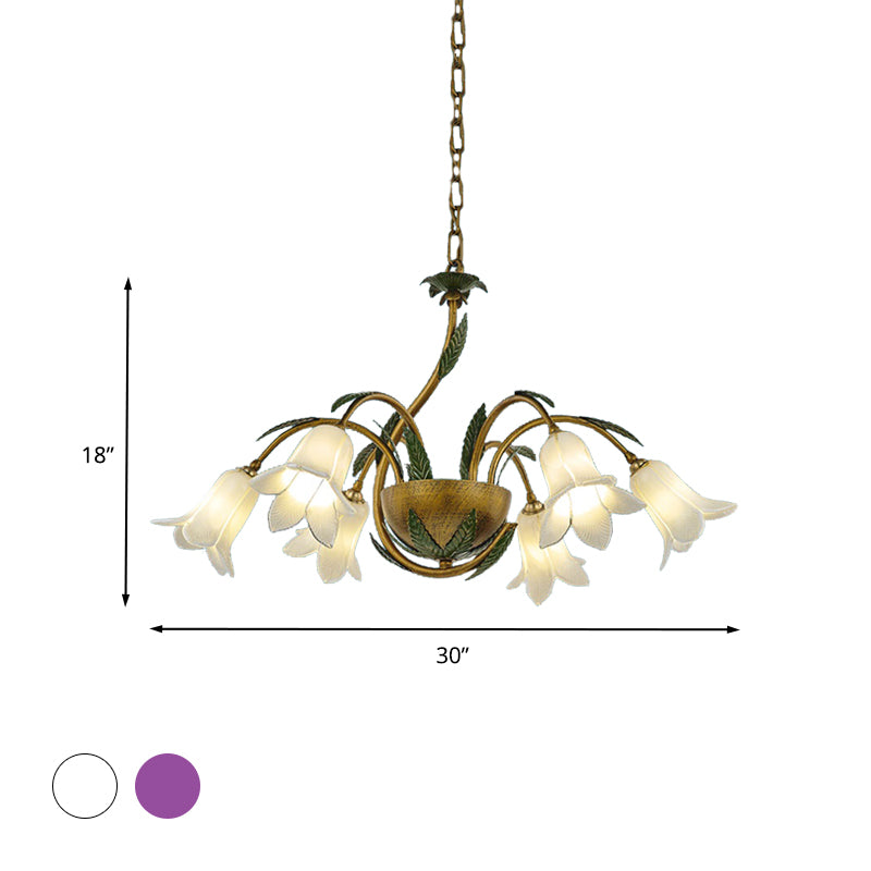 Brass 6 Heads Chandelier Lighting Vintage White/Purple Glass Bloom Pendant Ceiling Light for Bedroom Clearhalo 'Ceiling Lights' 'Chandeliers' 'Glass shade' 'Glass' Lighting' 337885