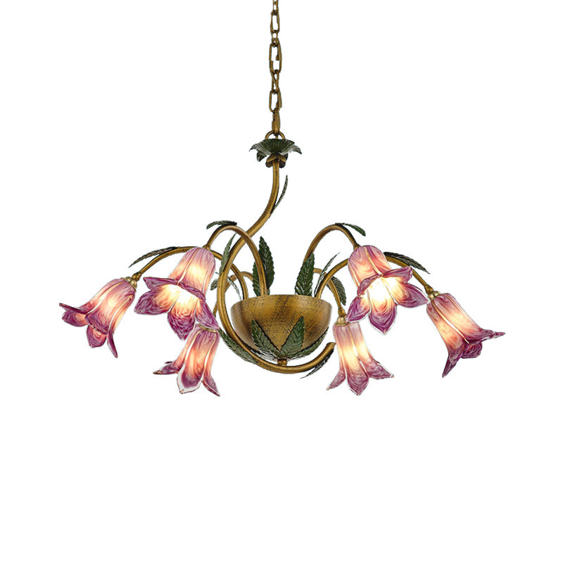 Brass 6 Heads Chandelier Lighting Vintage White/Purple Glass Bloom Pendant Ceiling Light for Bedroom Clearhalo 'Ceiling Lights' 'Chandeliers' 'Glass shade' 'Glass' Lighting' 337888