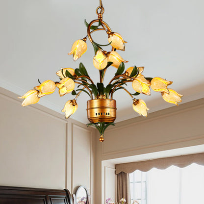 Brass Flower LED Hanging Chandelier Pastoral Frosted Glass 15 Lights Living Room Ceiling Pendant Brass Clearhalo 'Ceiling Lights' 'Chandeliers' 'Glass shade' 'Glass' Lighting' 337889