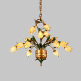 Brass Flower LED Hanging Chandelier Pastoral Frosted Glass 15 Lights Living Room Ceiling Pendant Clearhalo 'Ceiling Lights' 'Chandeliers' 'Glass shade' 'Glass' Lighting' 337892