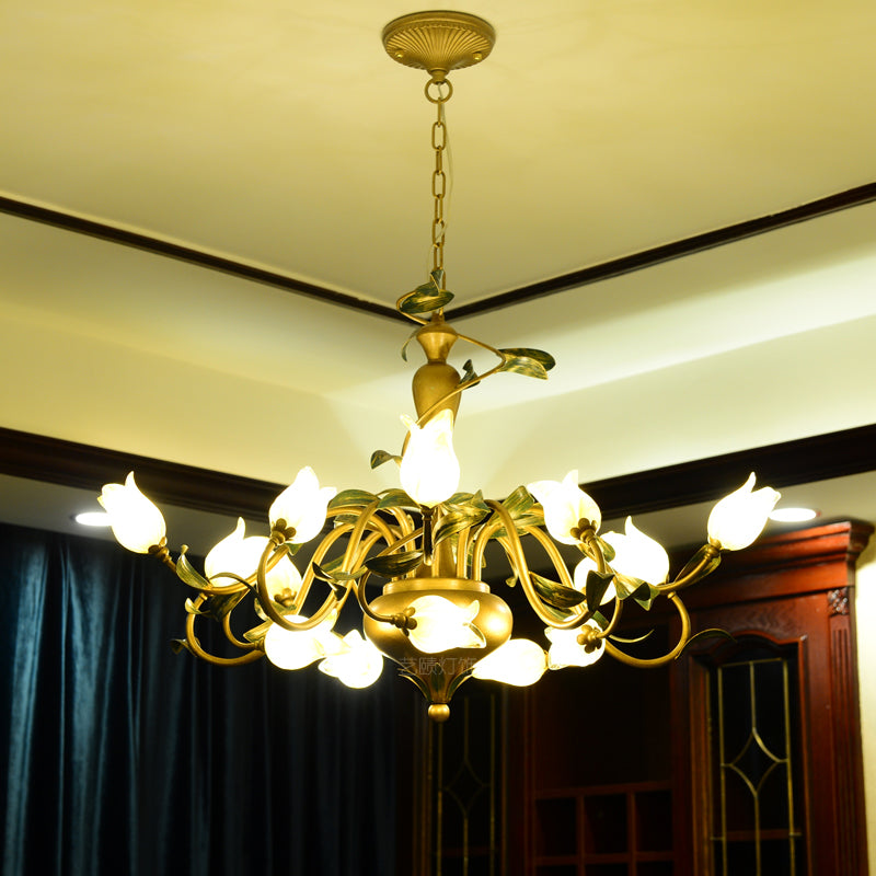 Frosted Glass Brass Hanging Chandelier Floral 15 Lights Countryside Down Lighting Pendant for Bedroom Brass Clearhalo 'Ceiling Lights' 'Chandeliers' 'Glass shade' 'Glass' Lighting' 337894