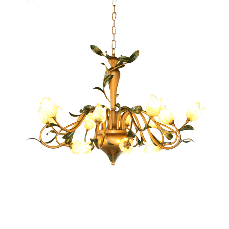 Frosted Glass Brass Hanging Chandelier Floral 15 Lights Countryside Down Lighting Pendant for Bedroom Clearhalo 'Ceiling Lights' 'Chandeliers' 'Glass shade' 'Glass' Lighting' 337896
