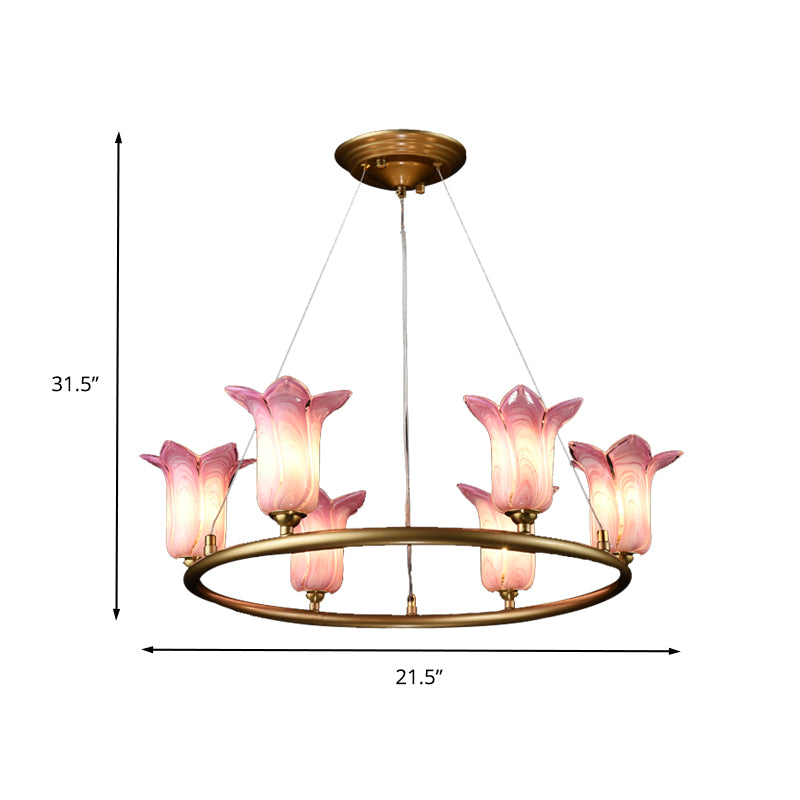 6 Bulbs Flared Pendant Lamp Traditionalism Purple Glass LED Chandelier Light Fixture for Living Room Clearhalo 'Ceiling Lights' 'Chandeliers' 'Glass shade' 'Glass' Lighting' 337908