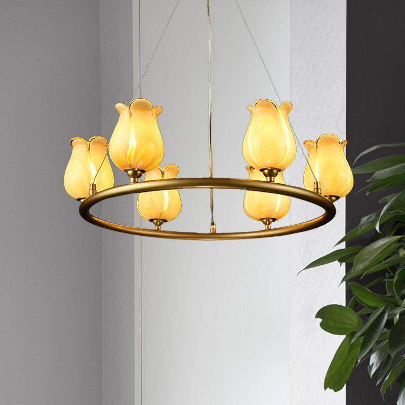 6 Lights Chandelier Pendant Light Traditional Wagon Wheel LED Metal Suspension Lamp with White/Yellow Glass Shade Clearhalo 'Ceiling Lights' 'Chandeliers' 'Glass shade' 'Glass' Lighting' 337910