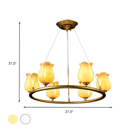 6 Lights Chandelier Pendant Light Traditional Wagon Wheel LED Metal Suspension Lamp with White/Yellow Glass Shade Clearhalo 'Ceiling Lights' 'Chandeliers' 'Glass shade' 'Glass' Lighting' 337913