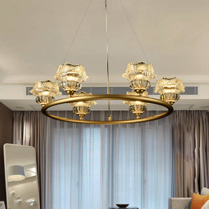 6 Heads Sunflower Chandelier Lighting Traditional Clear Glass Suspension Lamp for Living Room Clear Clearhalo 'Ceiling Lights' 'Chandeliers' 'Glass shade' 'Glass' Lighting' 337922