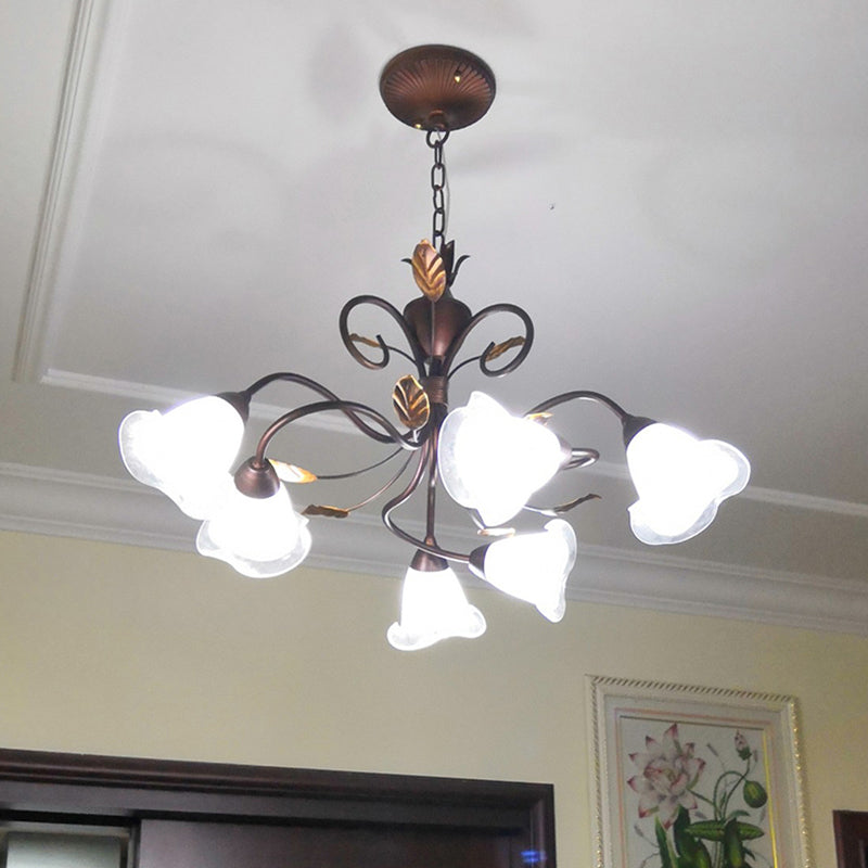 6 Lights Bedroom Hanging Chandelier Rustic Brown Pendant Lighting with Bell Opal Glass Shade Brown Clearhalo 'Ceiling Lights' 'Chandeliers' 'Glass shade' 'Glass' 'Pendant Lights' Lighting' 337932