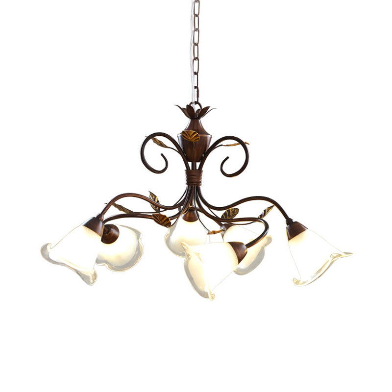 6 Lights Bedroom Hanging Chandelier Rustic Brown Pendant Lighting with Bell Opal Glass Shade Clearhalo 'Ceiling Lights' 'Chandeliers' 'Glass shade' 'Glass' 'Pendant Lights' Lighting' 337935
