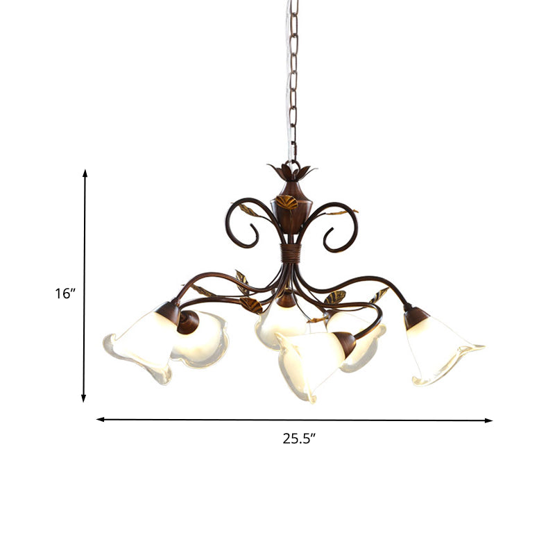 6 Lights Bedroom Hanging Chandelier Rustic Brown Pendant Lighting with Bell Opal Glass Shade Clearhalo 'Ceiling Lights' 'Chandeliers' 'Glass shade' 'Glass' 'Pendant Lights' Lighting' 337936