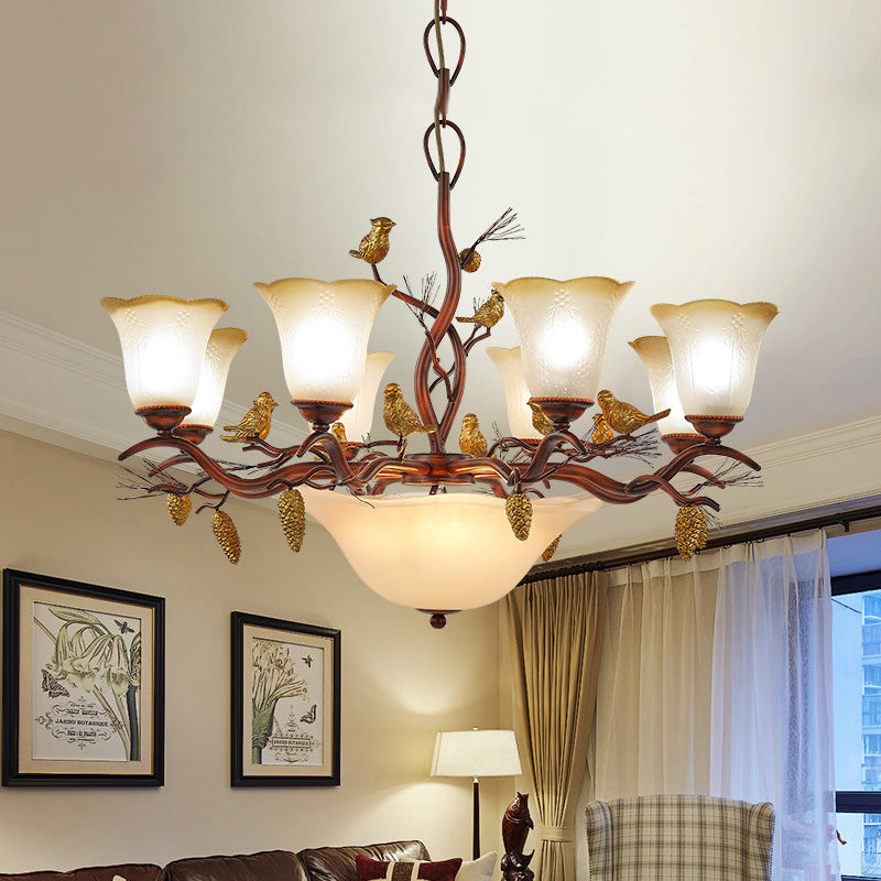 Bell Living Room Chandelier Light Lodge Milky Glass 11 Lights Brown Pendant Lamp Clearhalo 'Ceiling Lights' 'Chandeliers' 'Glass shade' 'Glass' 'Pendant Lights' Lighting' 337948