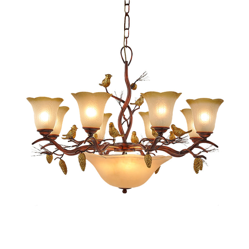 Bell Living Room Chandelier Light Lodge Milky Glass 11 Lights Brown Pendant Lamp Clearhalo 'Ceiling Lights' 'Chandeliers' 'Glass shade' 'Glass' 'Pendant Lights' Lighting' 337949