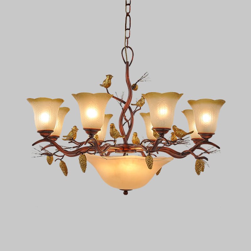 Bell Living Room Chandelier Light Lodge Milky Glass 11 Lights Brown Pendant Lamp Clearhalo 'Ceiling Lights' 'Chandeliers' 'Glass shade' 'Glass' 'Pendant Lights' Lighting' 337950