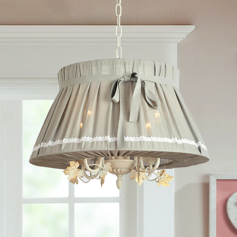 Drum Dining Room Pendant Chandelier Traditional Fabric 4 Lights Beige Hanging Light Fixture Clearhalo 'Ceiling Lights' 'Chandeliers' Lighting' options 337953
