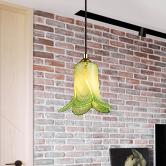 Countryside Bell-Shaped Pendant Lighting 1 Light White/Green/Purple Glass Ceiling Hang Fixture for Bedroom Green Clearhalo 'Ceiling Lights' 'Glass shade' 'Glass' 'Pendant Lights' 'Pendants' Lighting' 337960