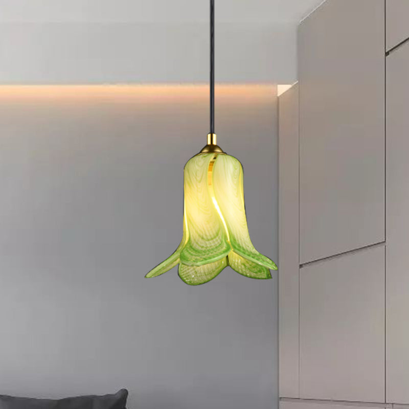 Countryside Bell-Shaped Pendant Lighting 1 Light White/Green/Purple Glass Ceiling Hang Fixture for Bedroom Clearhalo 'Ceiling Lights' 'Glass shade' 'Glass' 'Pendant Lights' 'Pendants' Lighting' 337961