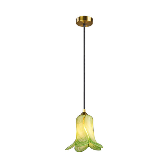 Countryside Bell-Shaped Pendant Lighting 1 Light White/Green/Purple Glass Ceiling Hang Fixture for Bedroom Clearhalo 'Ceiling Lights' 'Glass shade' 'Glass' 'Pendant Lights' 'Pendants' Lighting' 337962