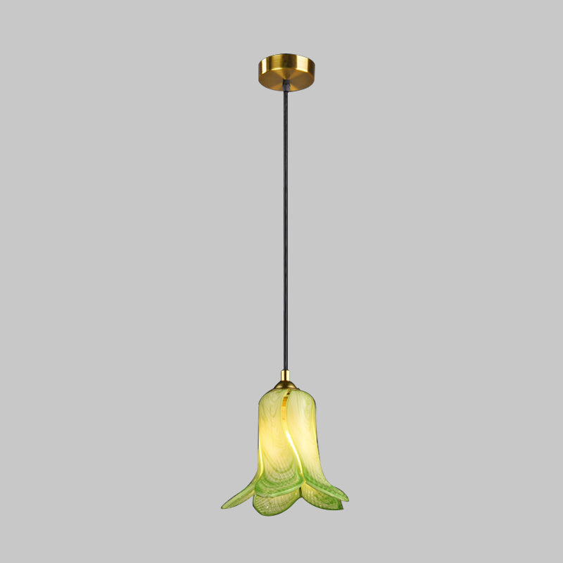 Countryside Bell-Shaped Pendant Lighting 1 Light White/Green/Purple Glass Ceiling Hang Fixture for Bedroom Clearhalo 'Ceiling Lights' 'Glass shade' 'Glass' 'Pendant Lights' 'Pendants' Lighting' 337963